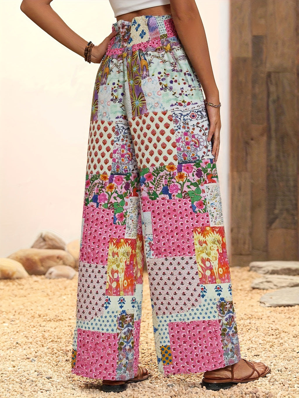 Smocked Waist Patchwork Print Wide Leg Pants - Rose - 1