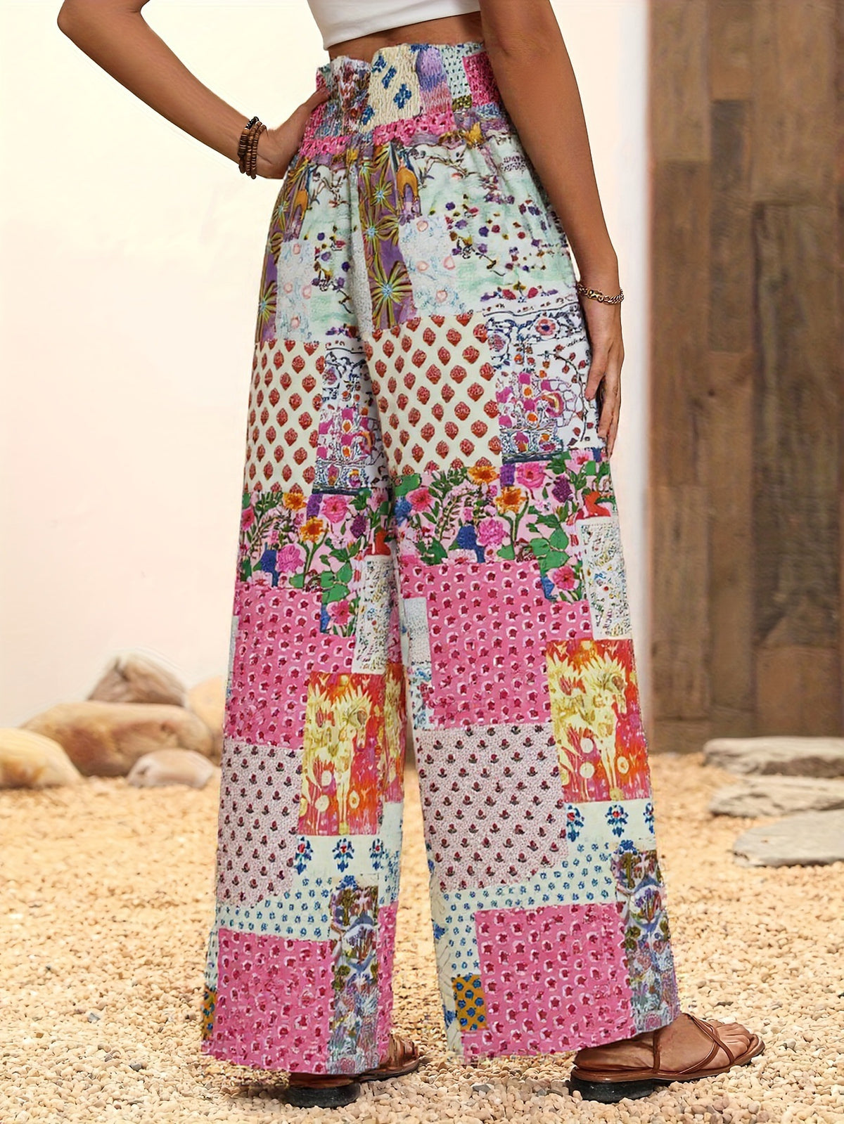Smocked Waist Patchwork Print Wide Leg Pants - Rose - 1