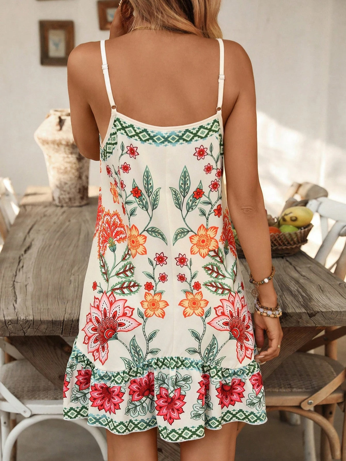 Boho Floral Cami Mini Sundress With Ruffle Hem - Beige - 2
