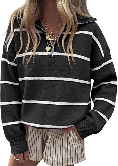 Striped Quarter Zip Pullover Sweater with Collar - Black