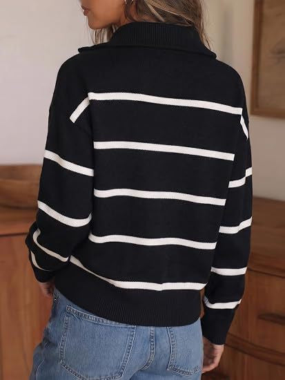 Striped Quarter Zip Pullover Sweater with Collar - Black - 2