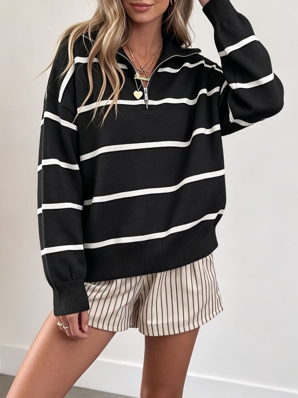 Striped Quarter Zip Pullover Sweater with Collar - Black - 3