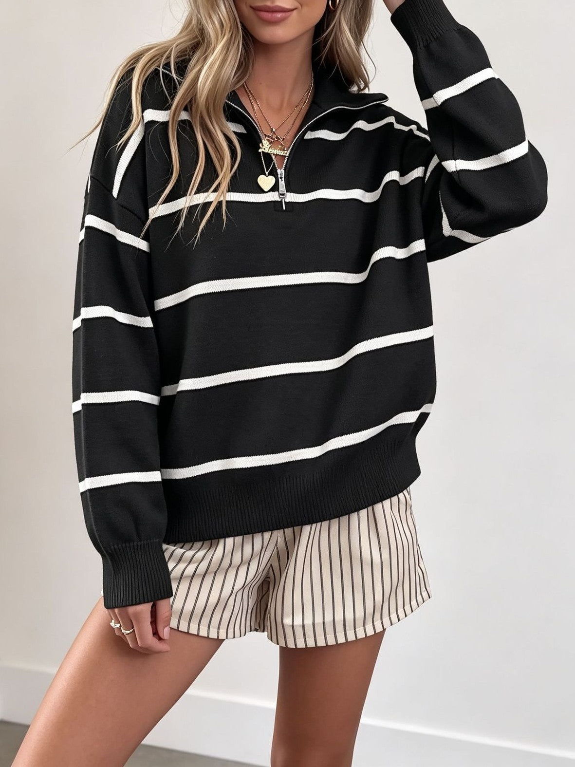 Striped Quarter Zip Pullover Sweater with Collar - Black - 3