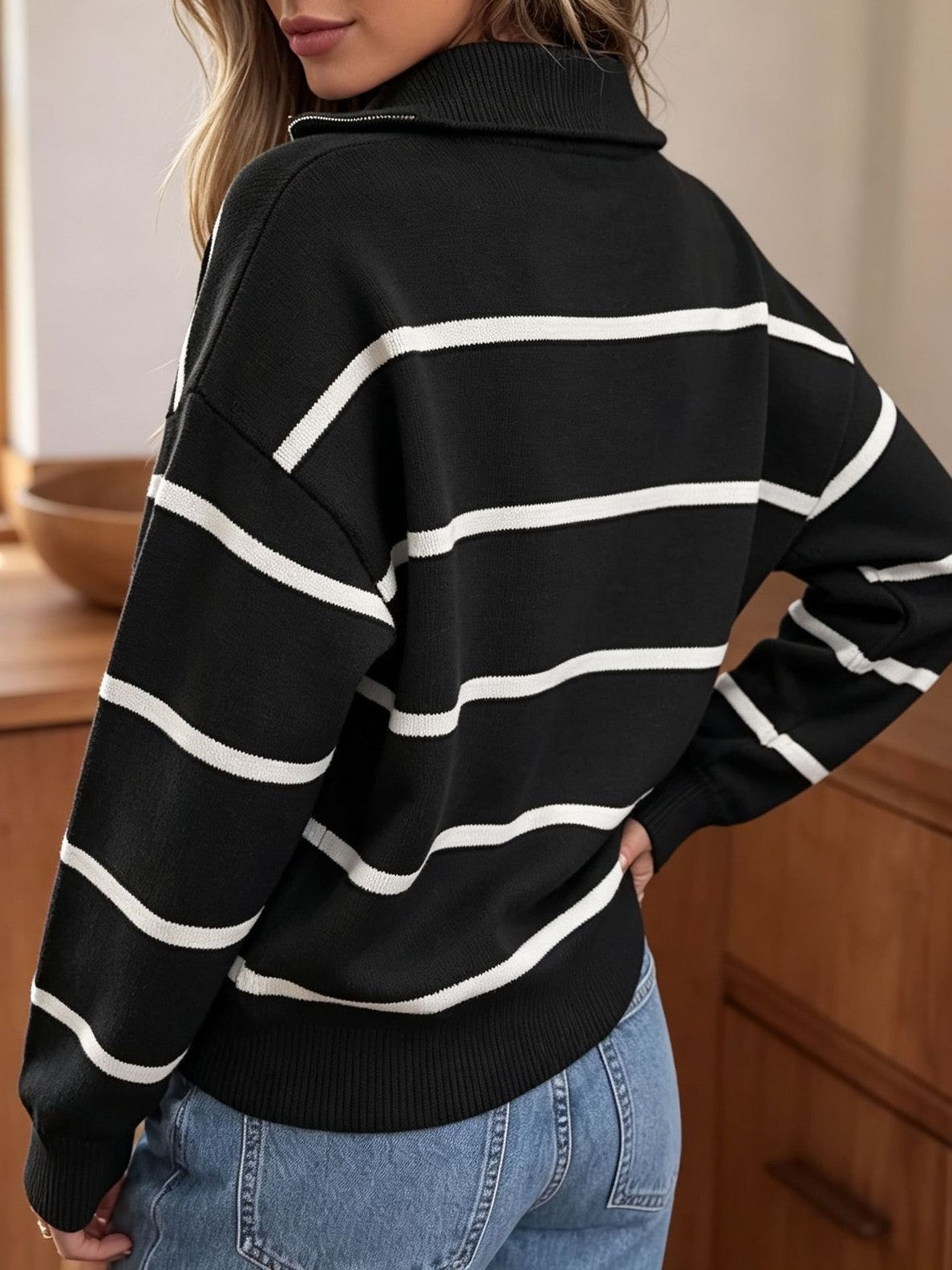 Striped Quarter Zip Pullover Sweater with Collar - Black - 4