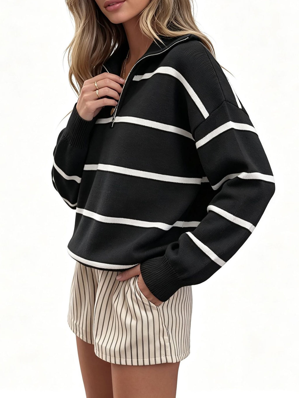 Striped Quarter Zip Pullover Sweater with Collar - Black - 5