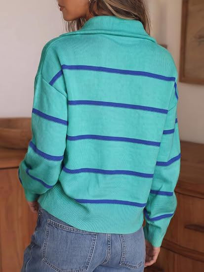 Striped Quarter Zip Pullover Sweater with Collar - Green - 3