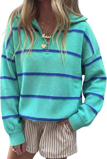 Striped Quarter Zip Pullover Sweater with Collar - Green - 4