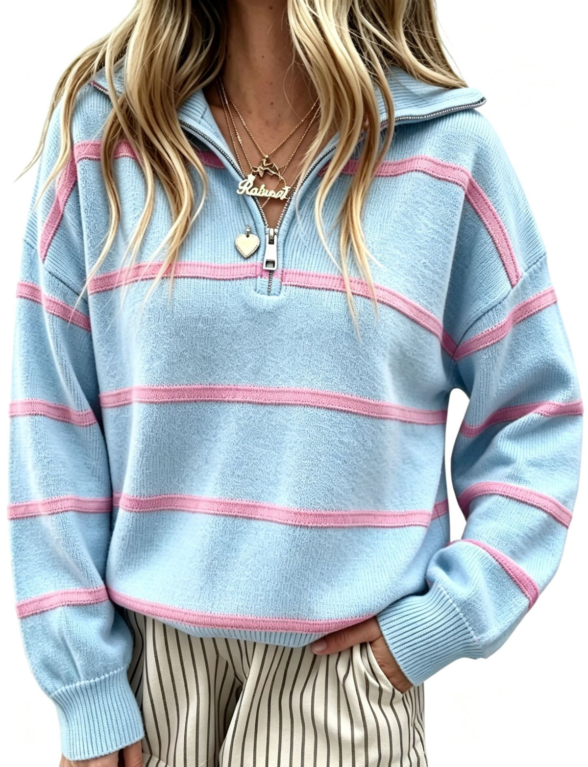Striped Quarter Zip Pullover Sweater with Collar - LightBlue