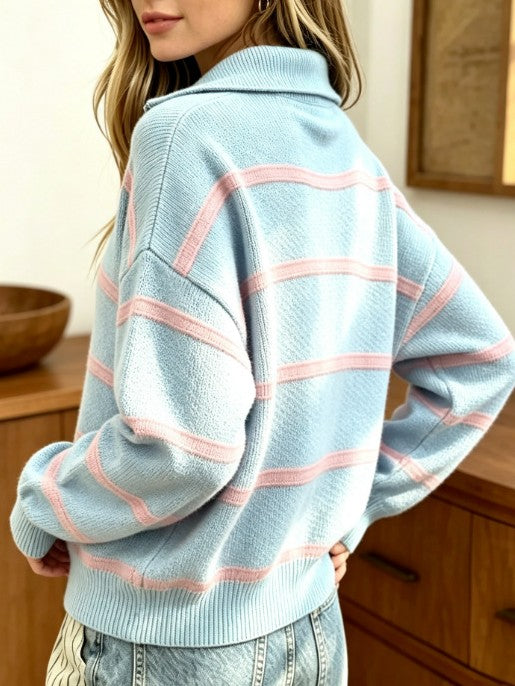 Striped Quarter Zip Pullover Sweater with Collar - LightBlue - 3