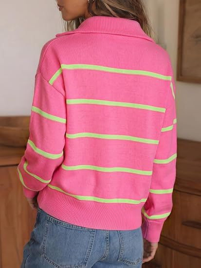 Striped Quarter Zip Pullover Sweater with Collar - Pink - 1