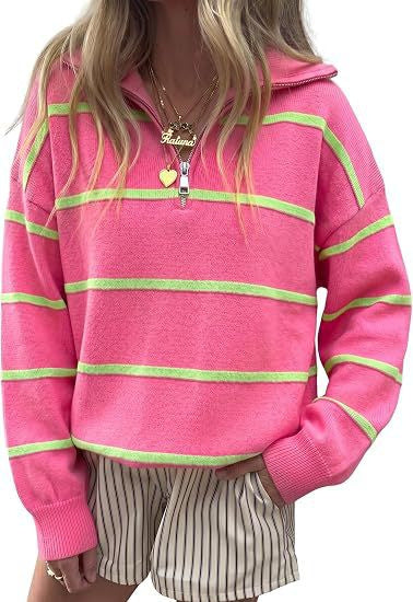 Striped Quarter Zip Pullover Sweater with Collar - Pink - 3