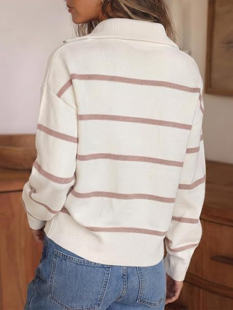 Striped Quarter Zip Pullover Sweater with Collar - White - 1