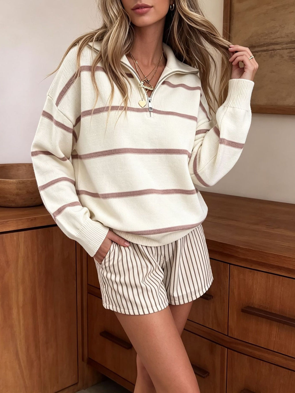 Striped Quarter Zip Pullover Sweater with Collar - White - 3