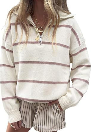 Striped Quarter Zip Pullover Sweater with Collar - White - 4