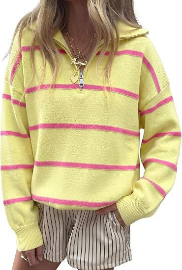 Striped Quarter Zip Pullover Sweater with Collar - Yellow
