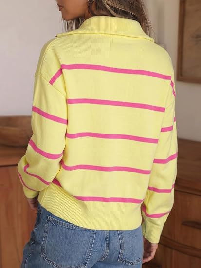 Striped Quarter Zip Pullover Sweater with Collar - Yellow - 2