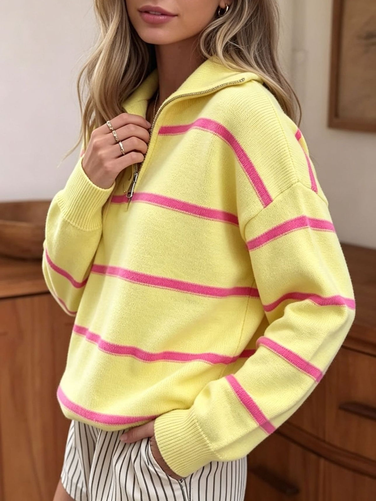 Striped Quarter Zip Pullover Sweater with Collar - Yellow - 4