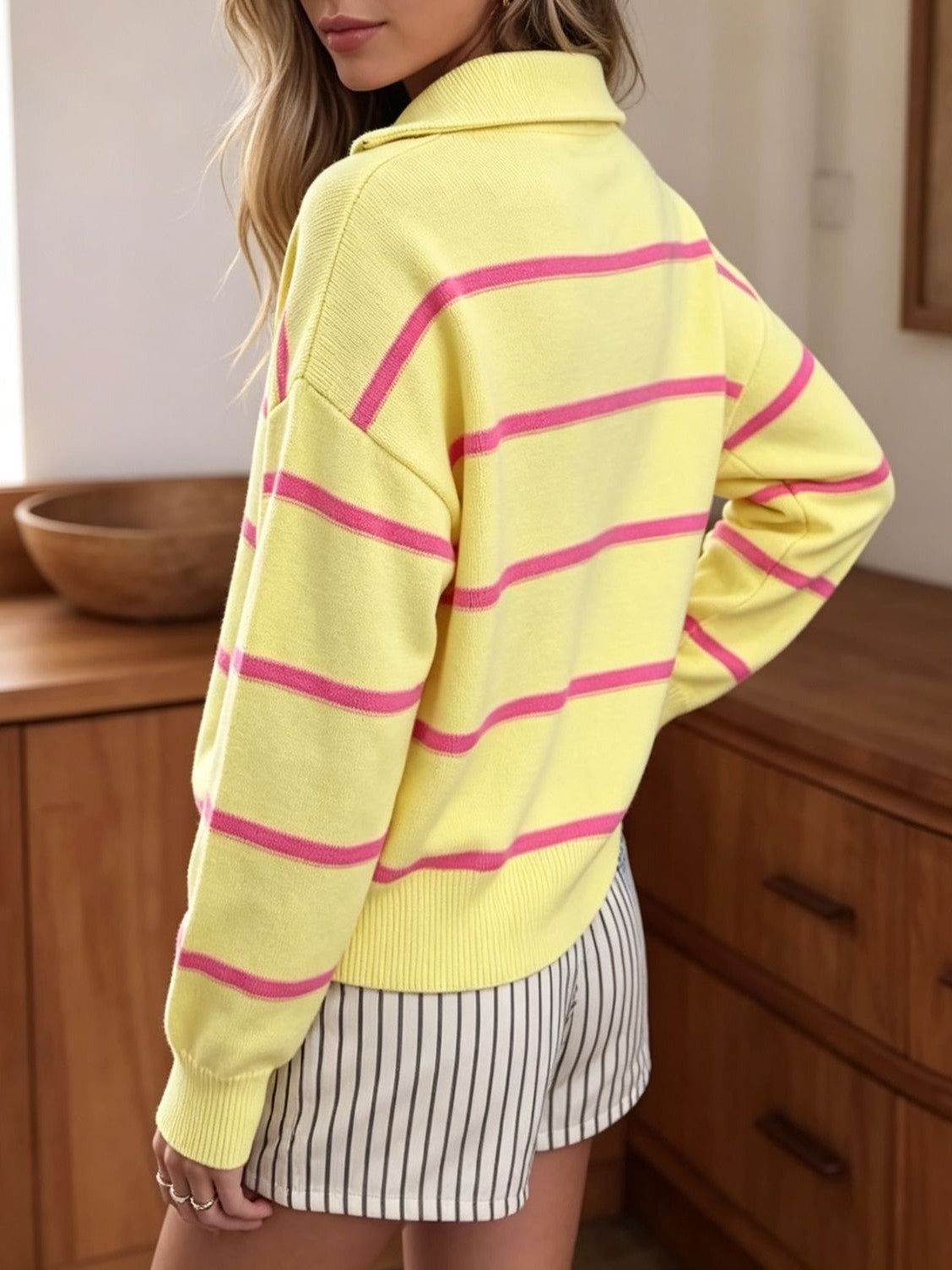 Striped Quarter Zip Pullover Sweater with Collar - Yellow - 5