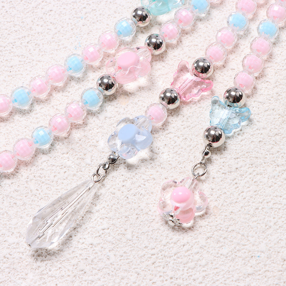 Pink Pastel Beaded Flower Charm Teardrop Jean Chain - Pink - 2