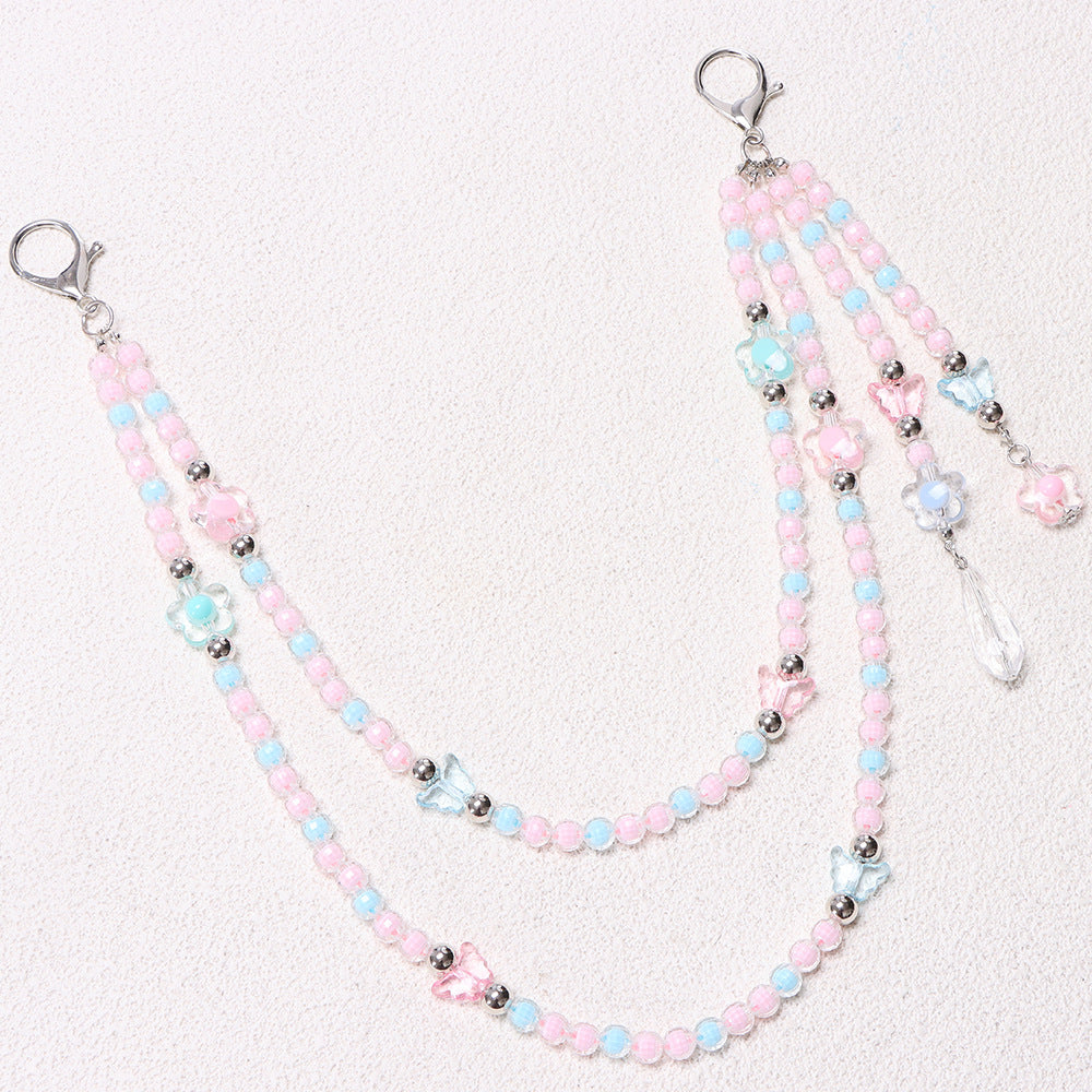 Pink Pastel Beaded Flower Charm Teardrop Jean Chain - Pink - 3