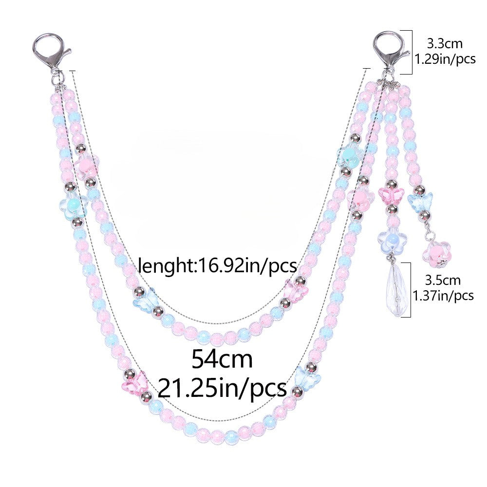 Pink Pastel Beaded Flower Charm Teardrop Jean Chain - Pink - 4