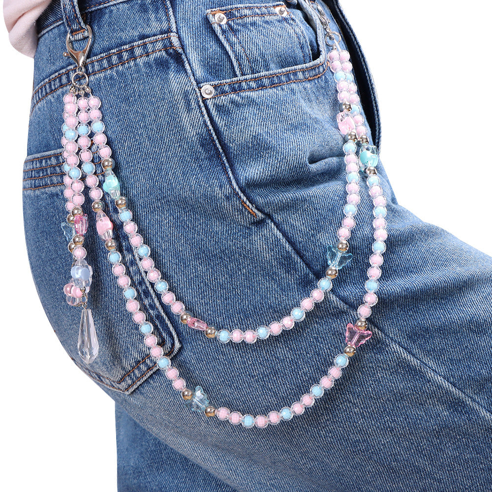 Pink Pastel Beaded Flower Charm Teardrop Jean Chain - Pink - 5