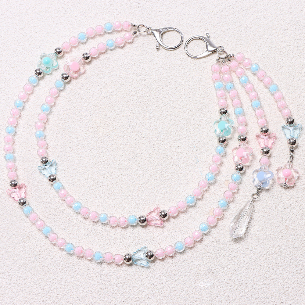 Pink Pastel Beaded Flower Charm Teardrop Jean Chain - Pink - 6