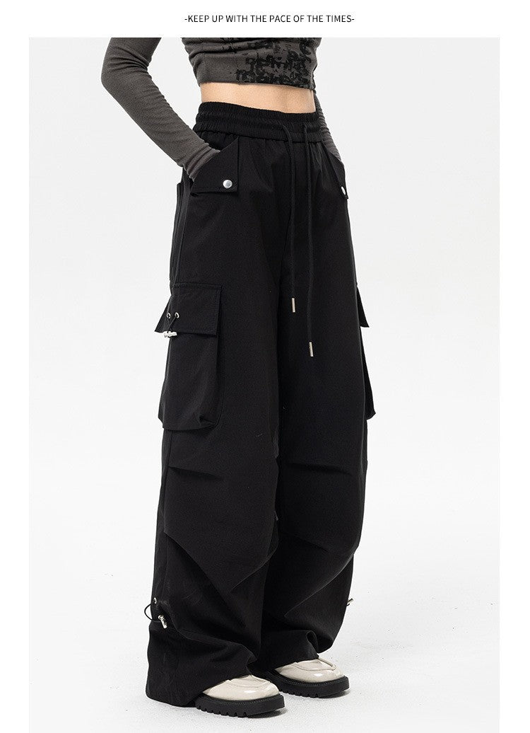 Crinkle Toggle Hem Wide Leg Parachute Cargo Pants - Black