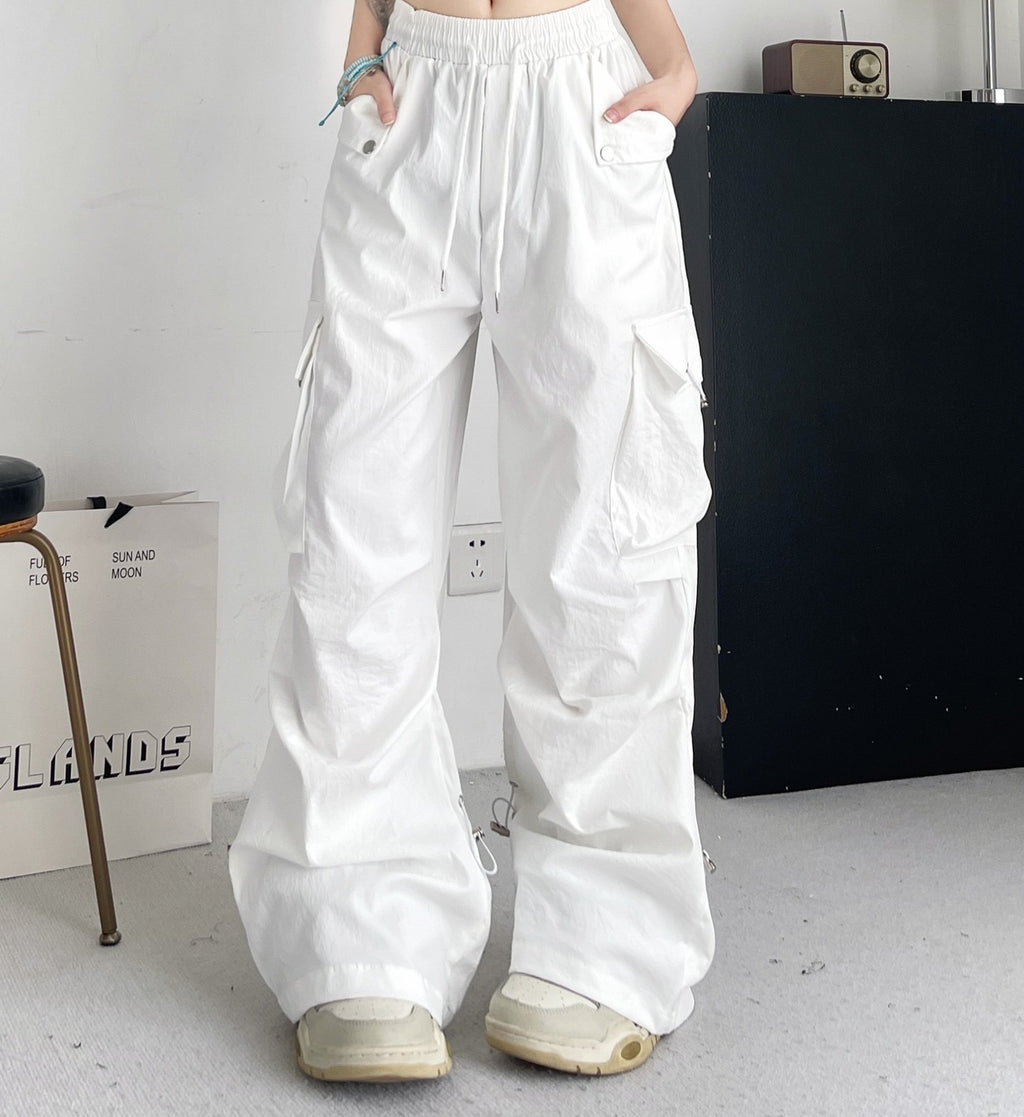Crinkle Toggle Hem Wide Leg Parachute Cargo Pants - White
