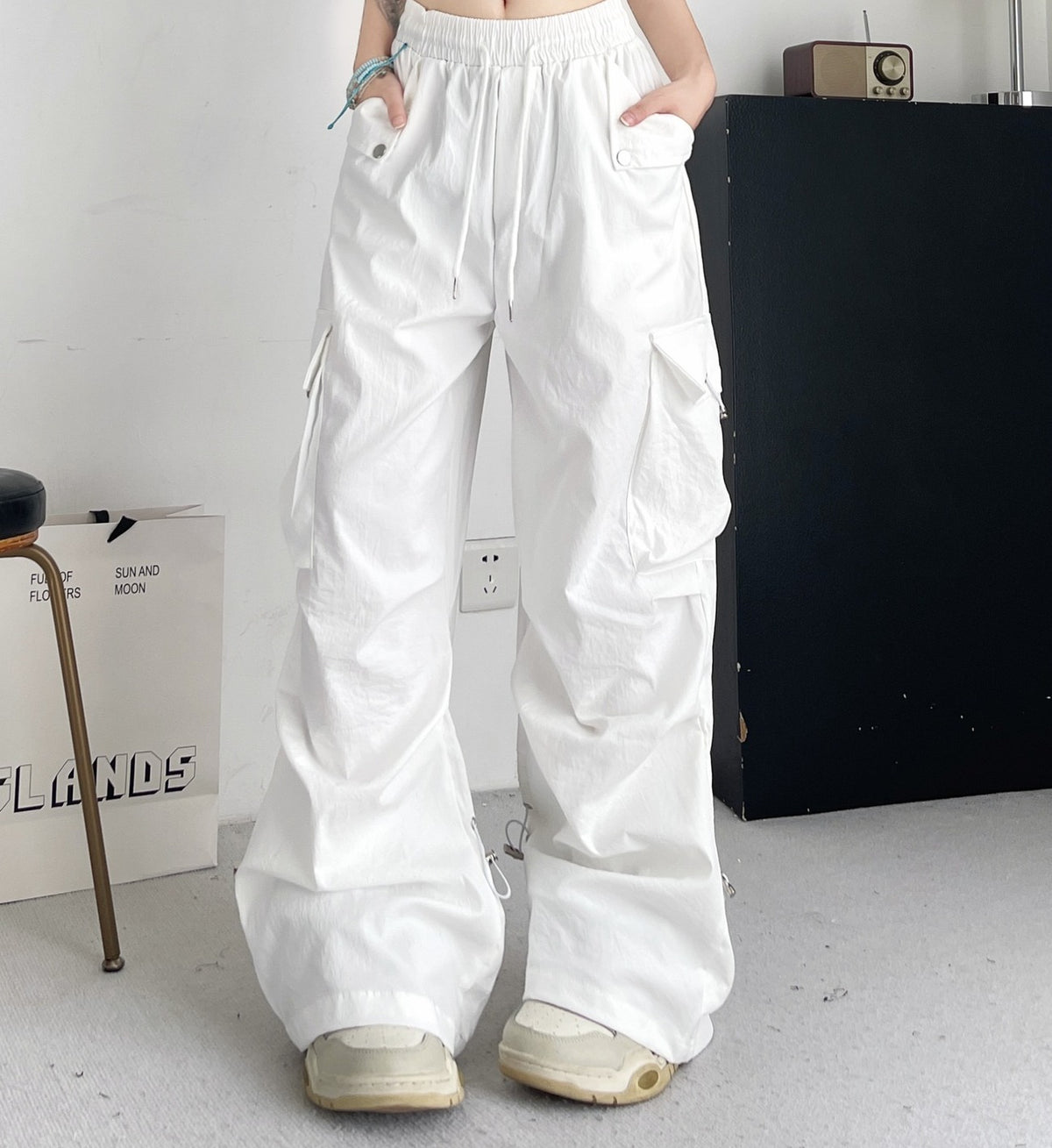 Crinkle Toggle Hem Wide Leg Parachute Cargo Pants - White