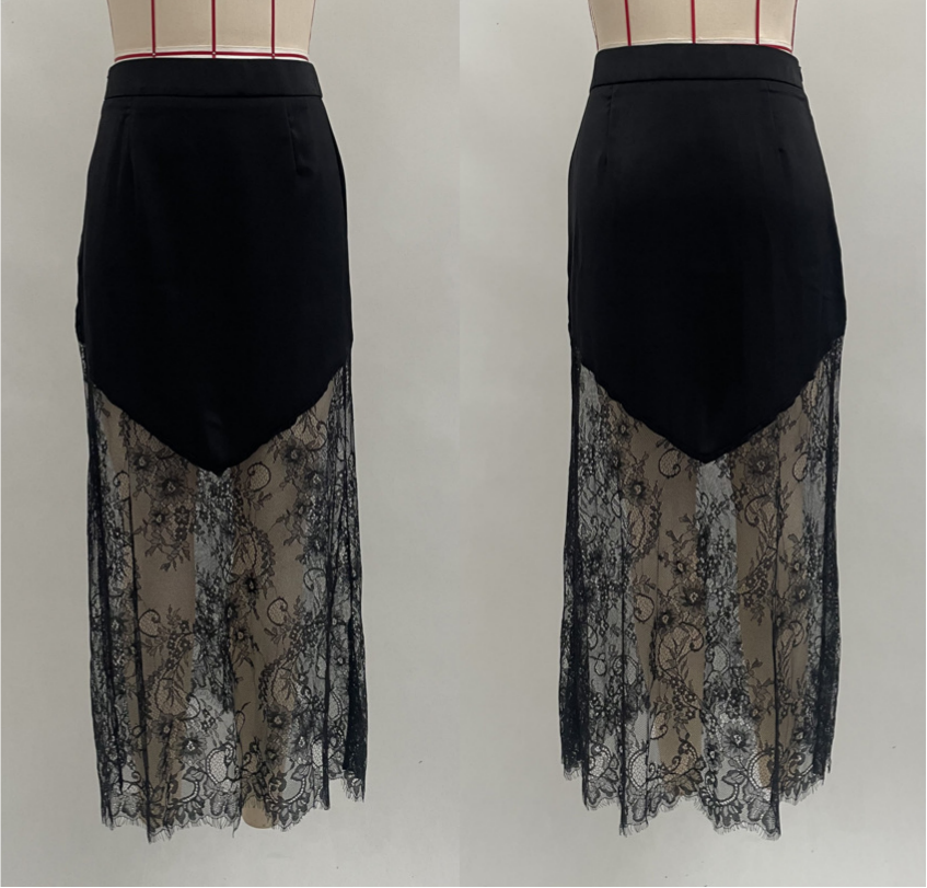 Sheer Lace Trim Satin Slip Maxi Skirt - Black