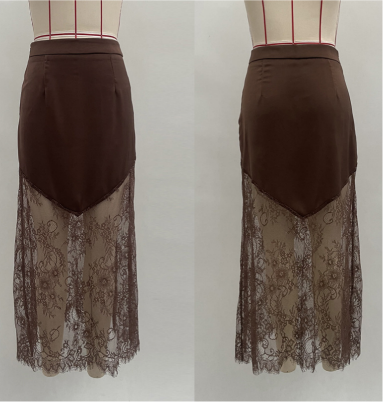 Sheer Lace Trim Satin Slip Maxi Skirt - Brown