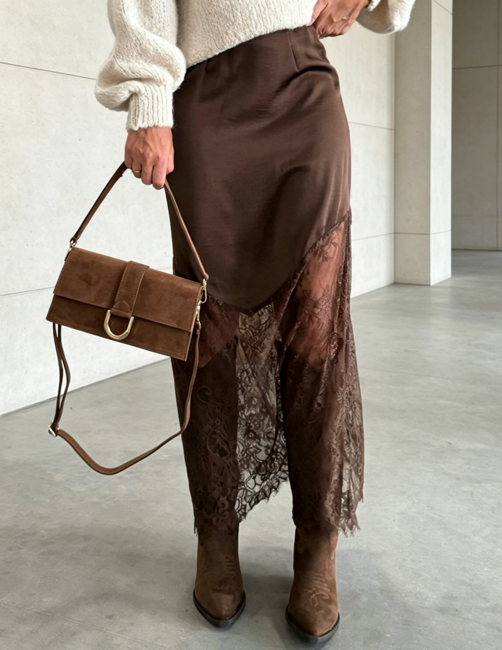 Sheer Lace Trim Satin Slip Maxi Skirt - Brown - 2
