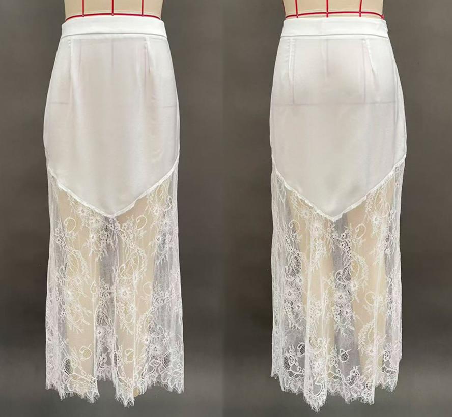 Sheer Lace Trim Satin Slip Maxi Skirt - White - 1