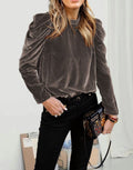Gathered Puff Shoulder Velvet Blouse - Grey