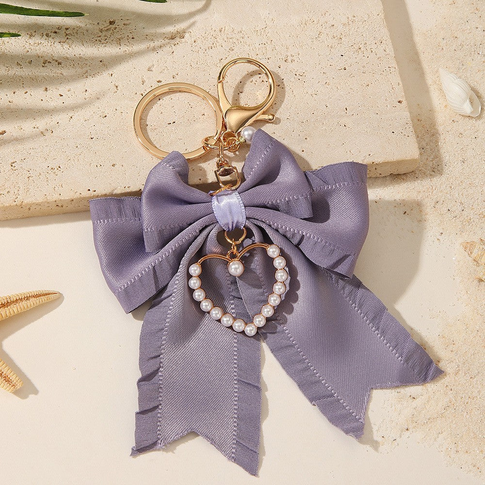 Pleated Bow Keychain With Beaded Heart Charm - C1