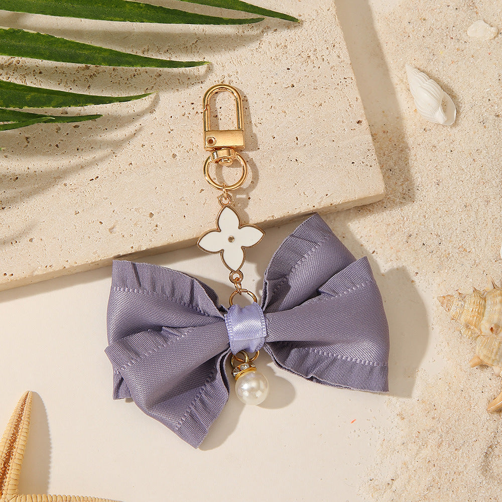 Pleated Bow Keychain With Beaded Heart Charm - C2