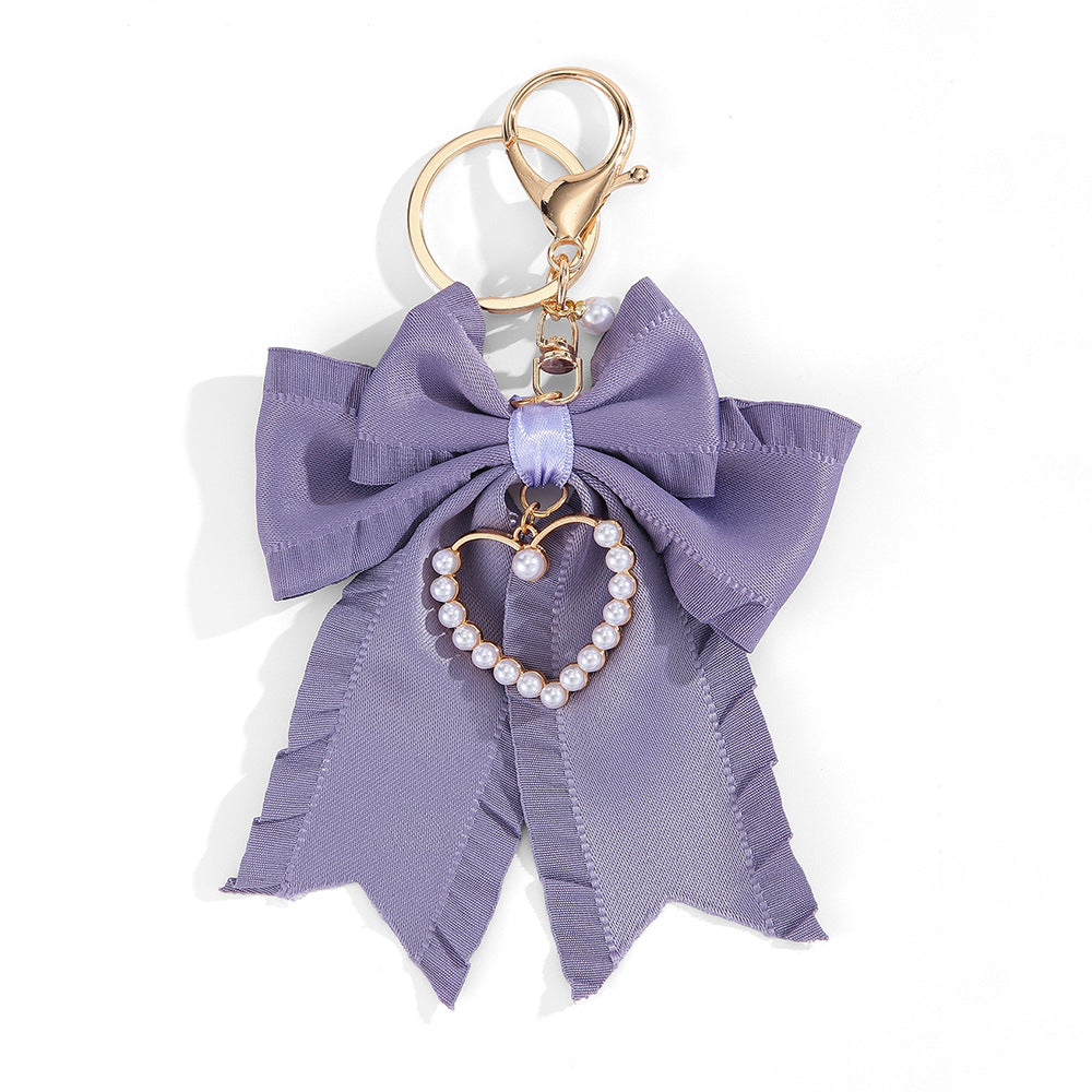 Pleated Bow Keychain With Beaded Heart Charm