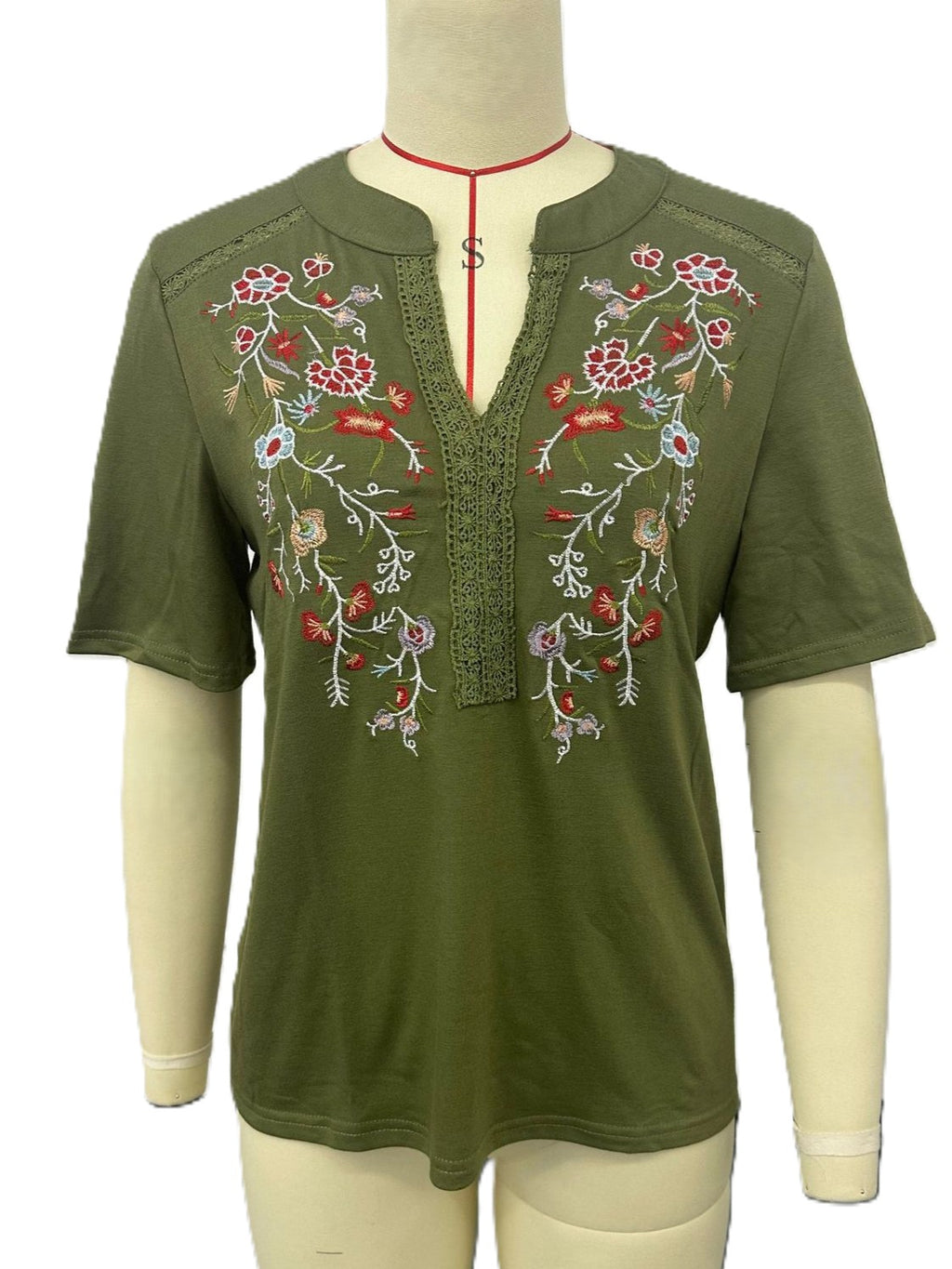 Boho Embroidered Notch Neck Summer Blouse - ArmyGreen
