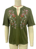 Boho Embroidered Notch Neck Summer Blouse - ArmyGreen