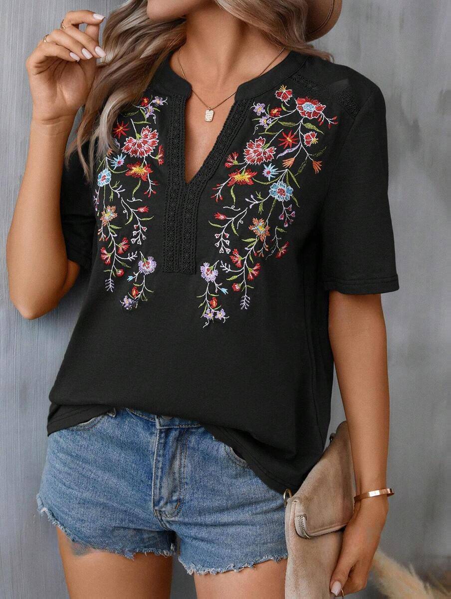 Boho Embroidered Notch Neck Summer Blouse - Black
