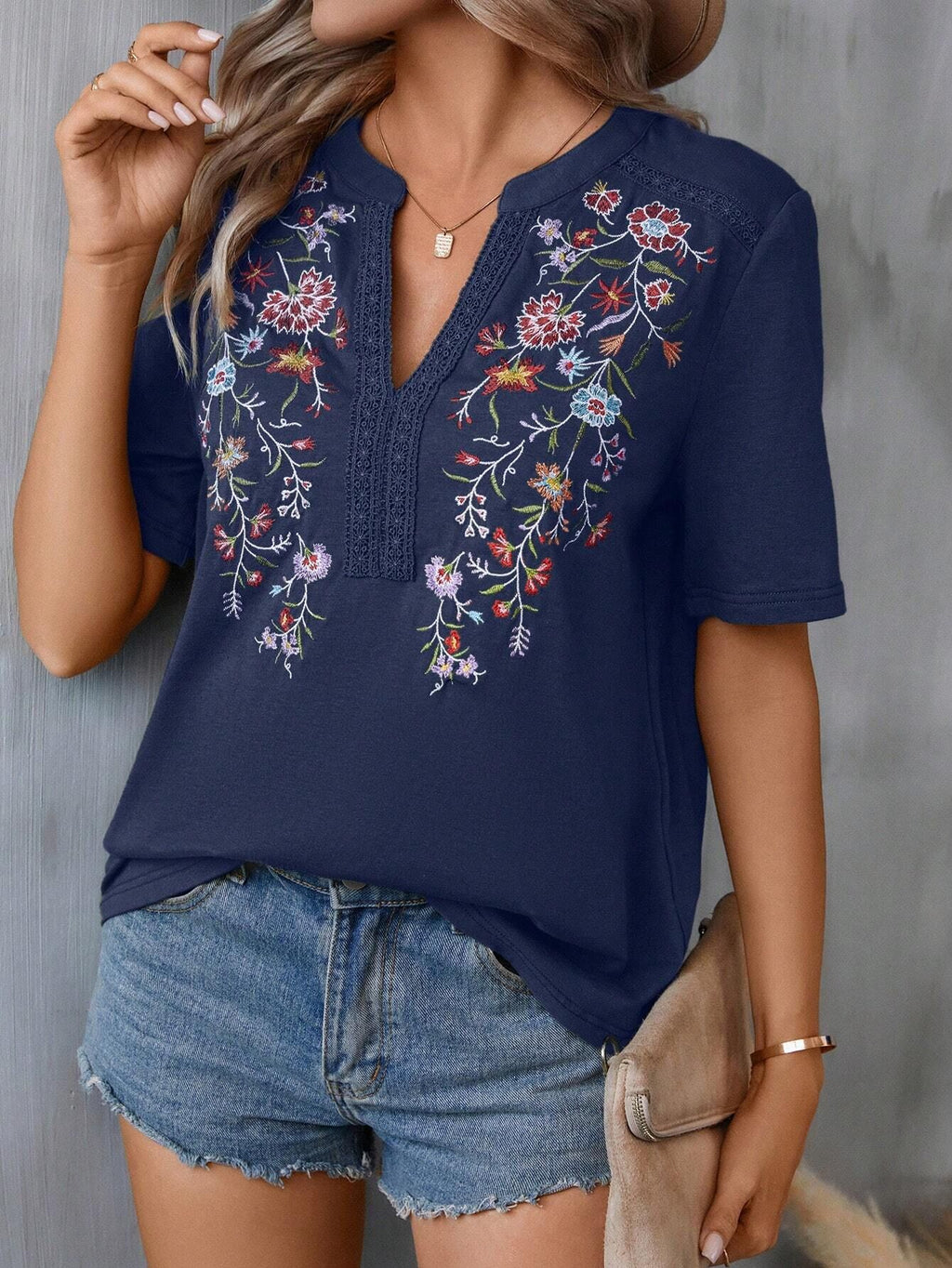 Boho Embroidered Notch Neck Summer Blouse - Navy