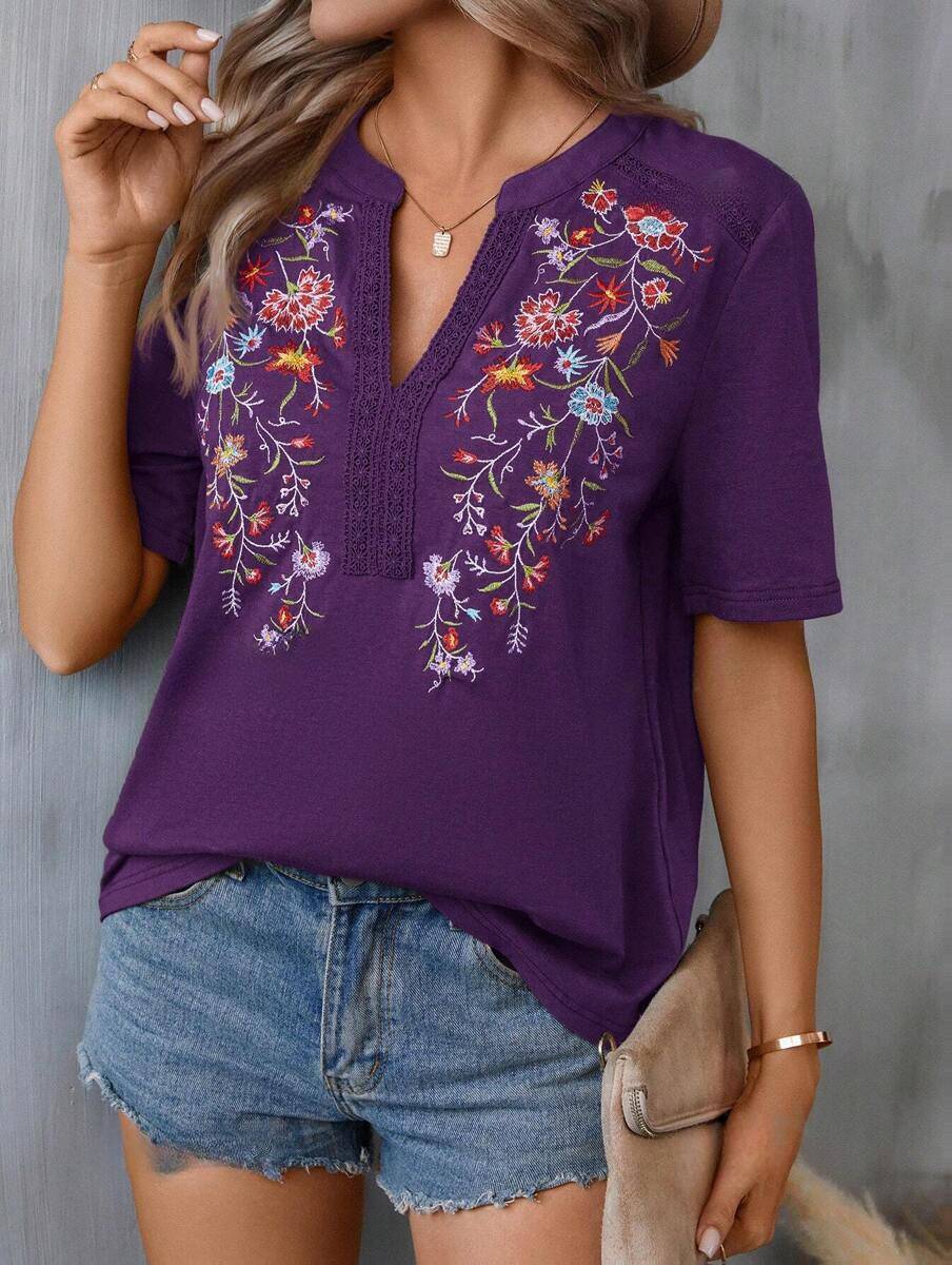 Boho Embroidered Notch Neck Summer Blouse - Purple