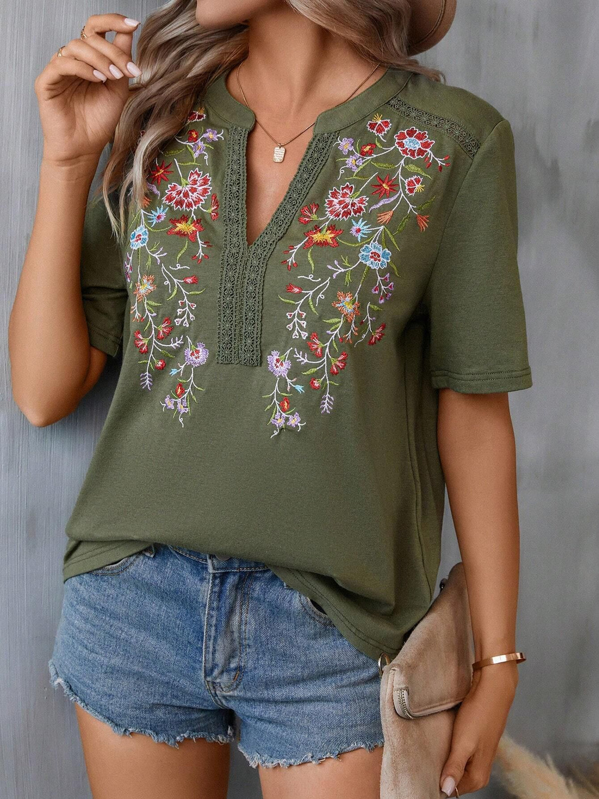 Boho Embroidered Notch Neck Summer Blouse