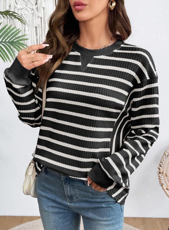 Striped Waffle Knit Sweatshirt with Contrast Cuffs - Black