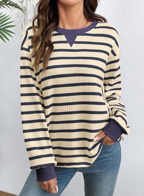 Striped Waffle Knit Sweatshirt with Contrast Cuffs - Blue
