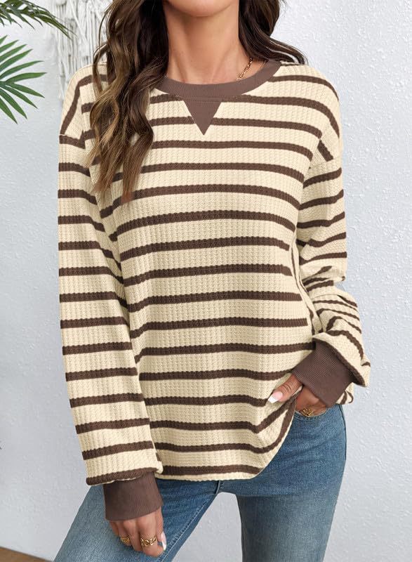 Striped Waffle Knit Sweatshirt with Contrast Cuffs - Khaki