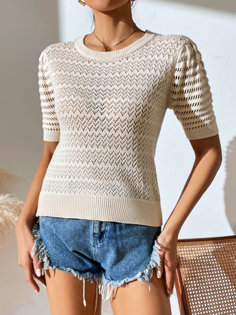 Pointelle Puff Sleeve Crewneck Knit Top - Apricot - 2