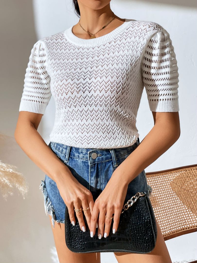 Pointelle Puff Sleeve Crewneck Knit Top - White