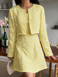 Yellow Floral Jacquard Mini Dress With Cropped Jacket - Yellow